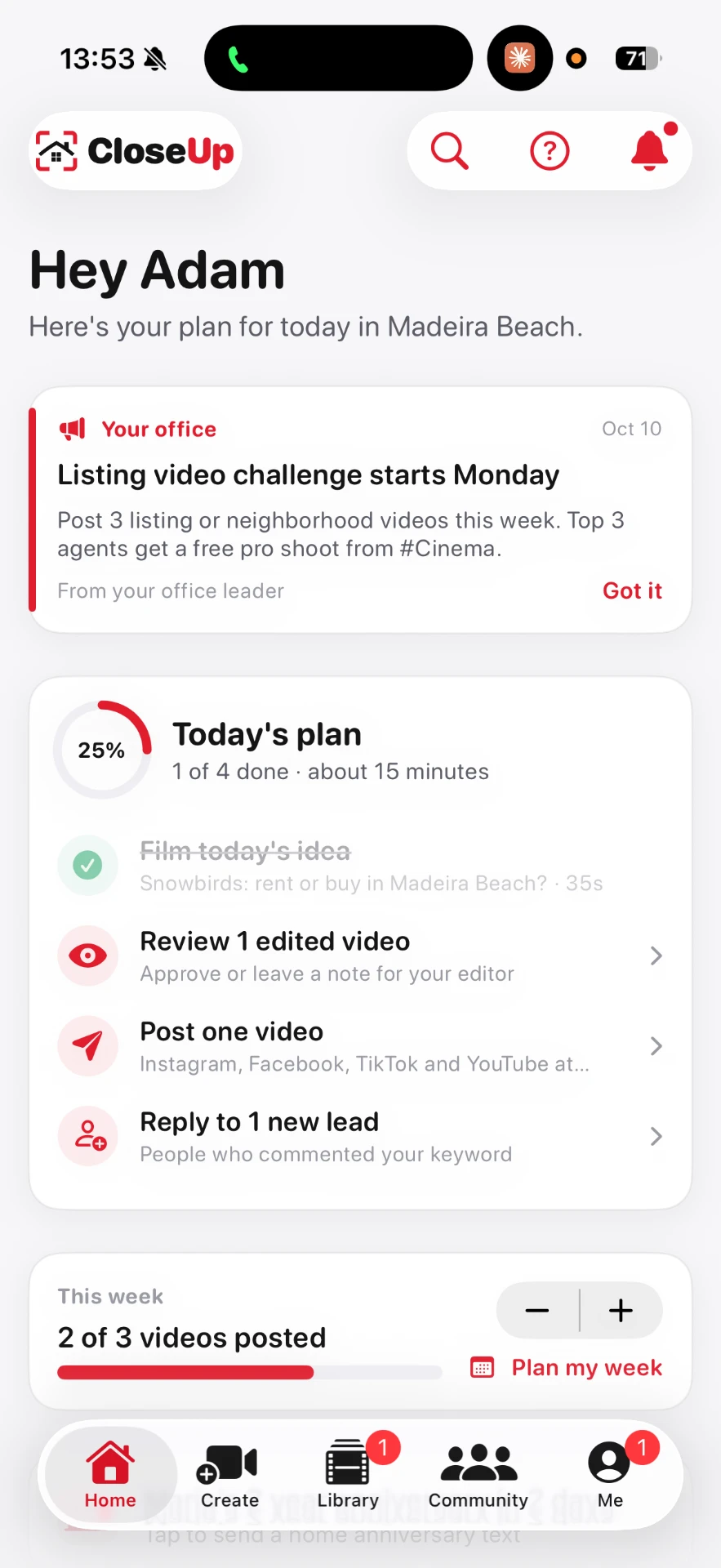 CloseUp app: Today's personalized plan